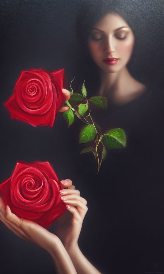 Dark-haired woman in black dress holding oversized red roses on dark background