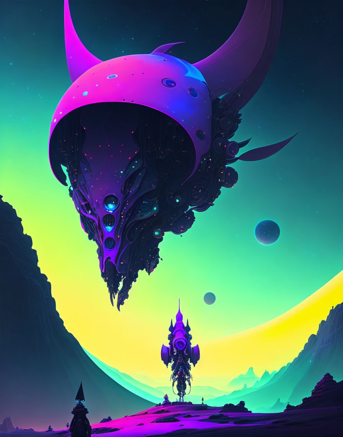 Large horned skull above figure in alien landscape under purple sky