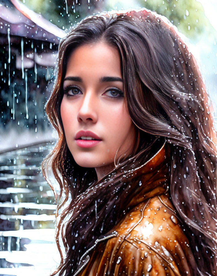 Woman with Long Brown Hair in Brown Jacket in Rainy Setting