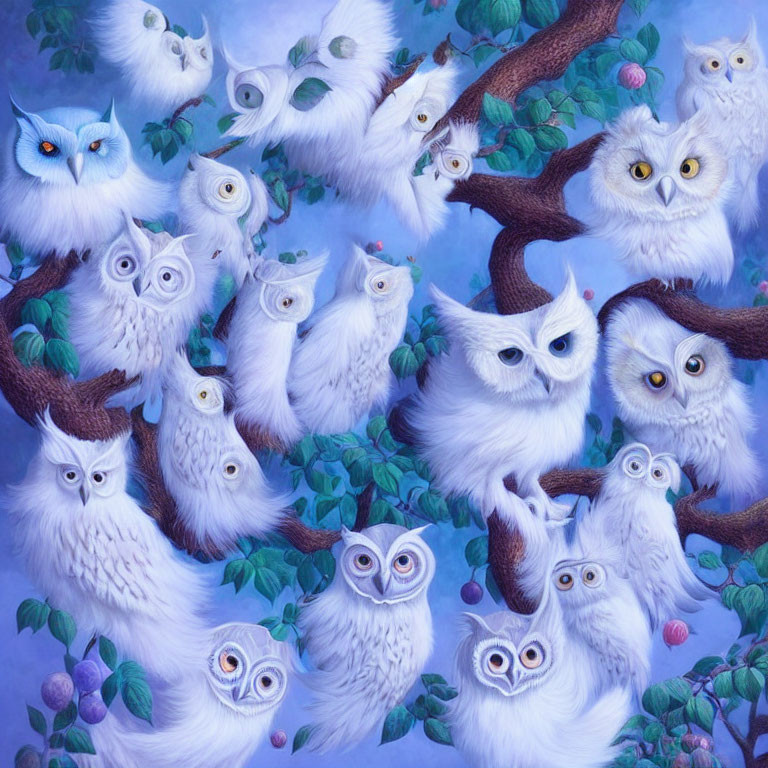 Whimsical white owls on twisting branches in nature scene