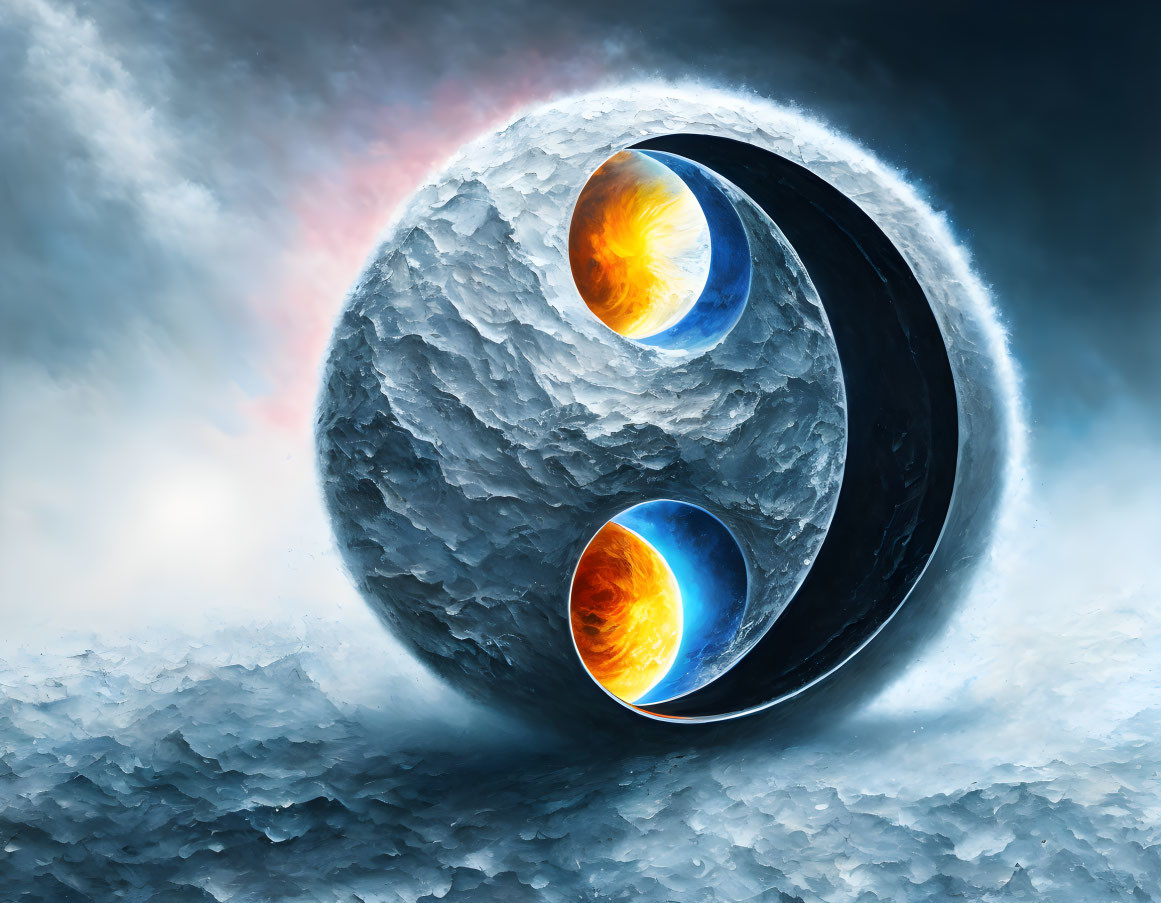 Digital Yin-Yang Artwork with Celestial Textured Halves