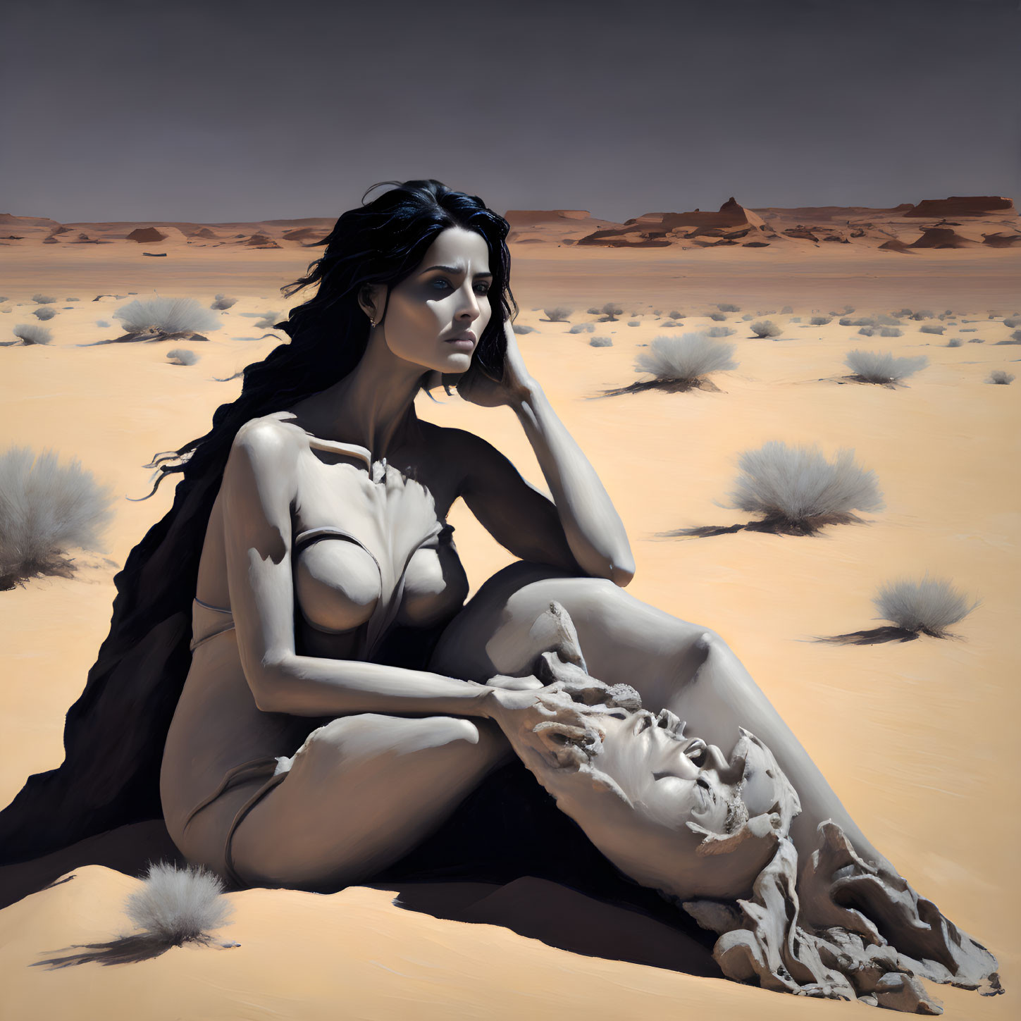 Contemplative woman holding a classical sculpture head in desert landscape