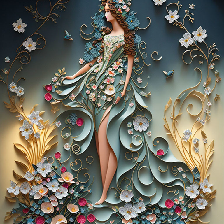 Detailed illustration: Woman in floral dress with flowers in hair on dark background