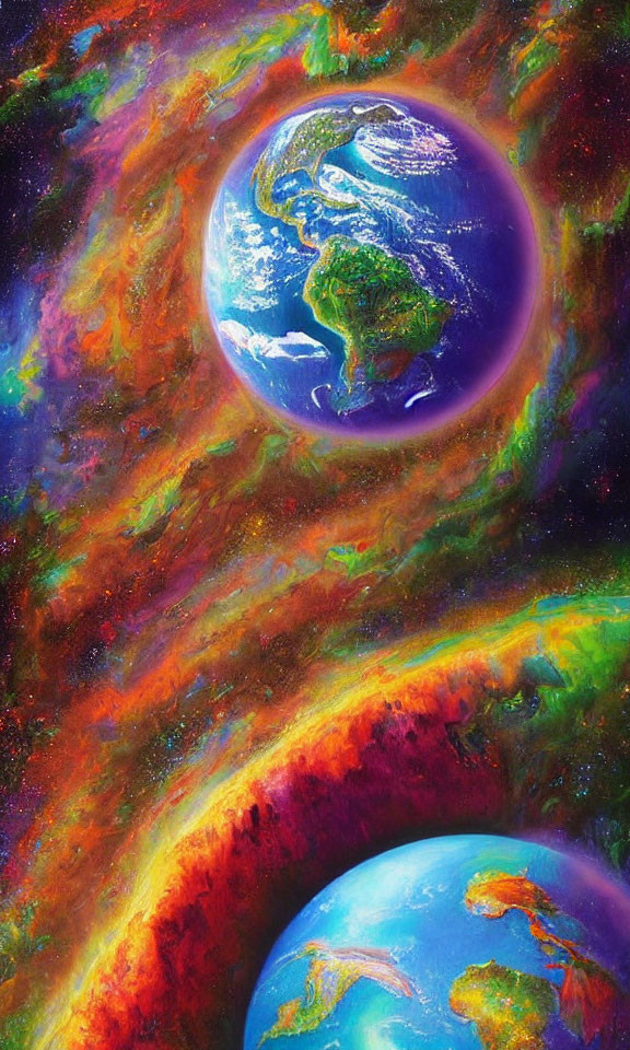 Colorful Cosmic Painting of Earth and Second Planet in Nebula-Filled Space