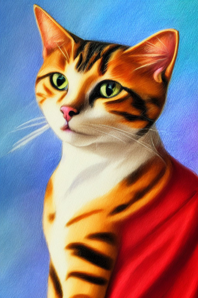 Pastel-drawn yellow and black striped cat in red cloak on blue background