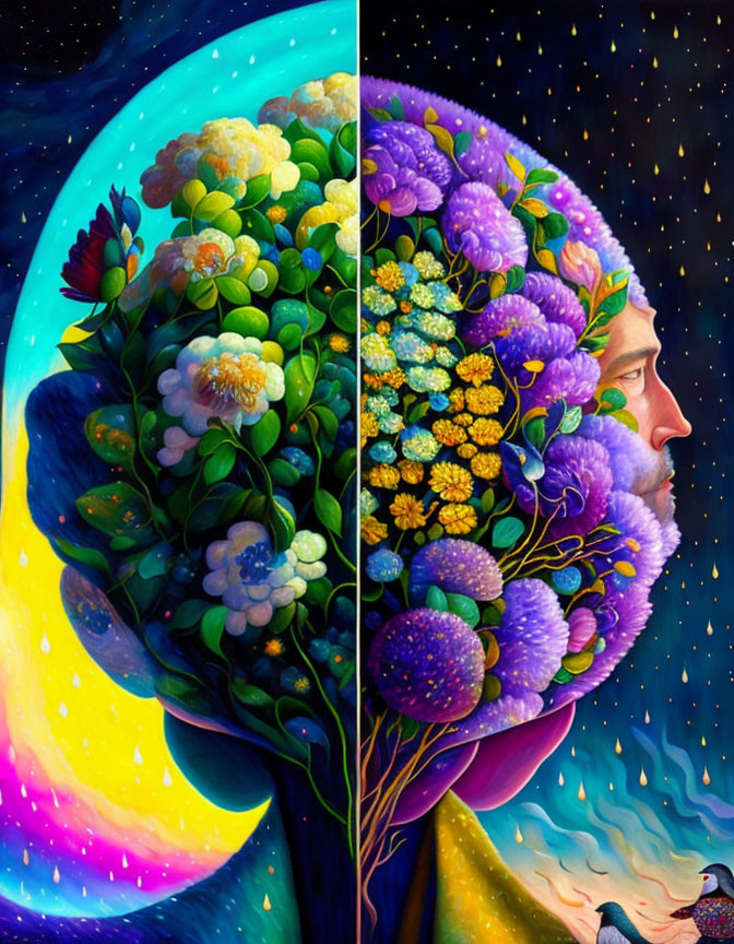 Colorful man profile with blooming flowers and cosmic scene split painting