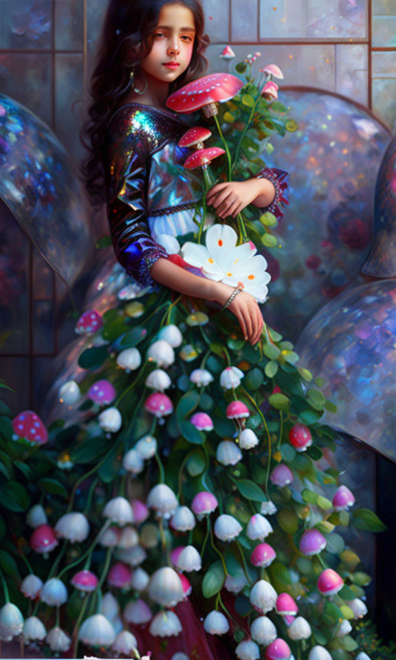 Young girl in sparkly dress with butterfly in fantastical flora