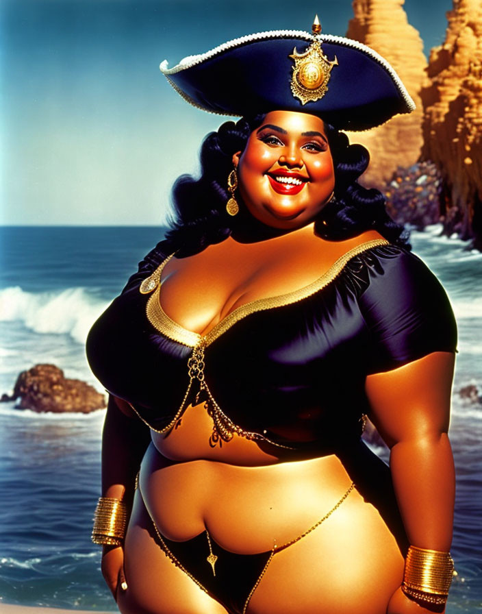 Smiling plus-sized female pirate by sea and cliff