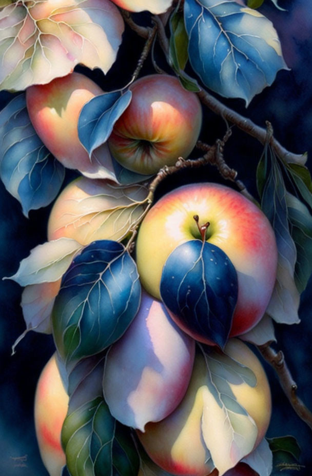 Realistic painting of ripe apples, plum, and glossy leaves on dark background