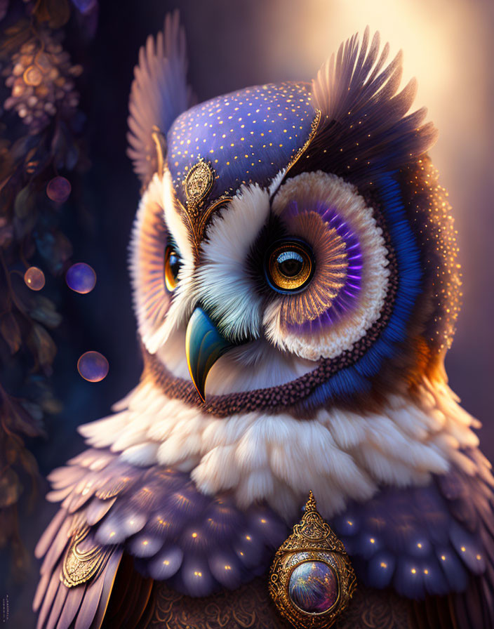 Stylized owl with intricate patterns and jewelry on warm backdrop