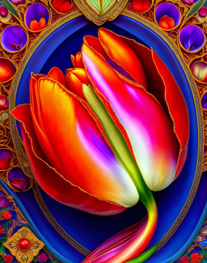 Colorful Digital Artwork Featuring Red and Yellow Tulip on Blue and Purple Background