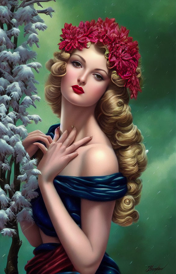 Illustrated woman with golden curls in blue gown and red flower crown among white blossoms