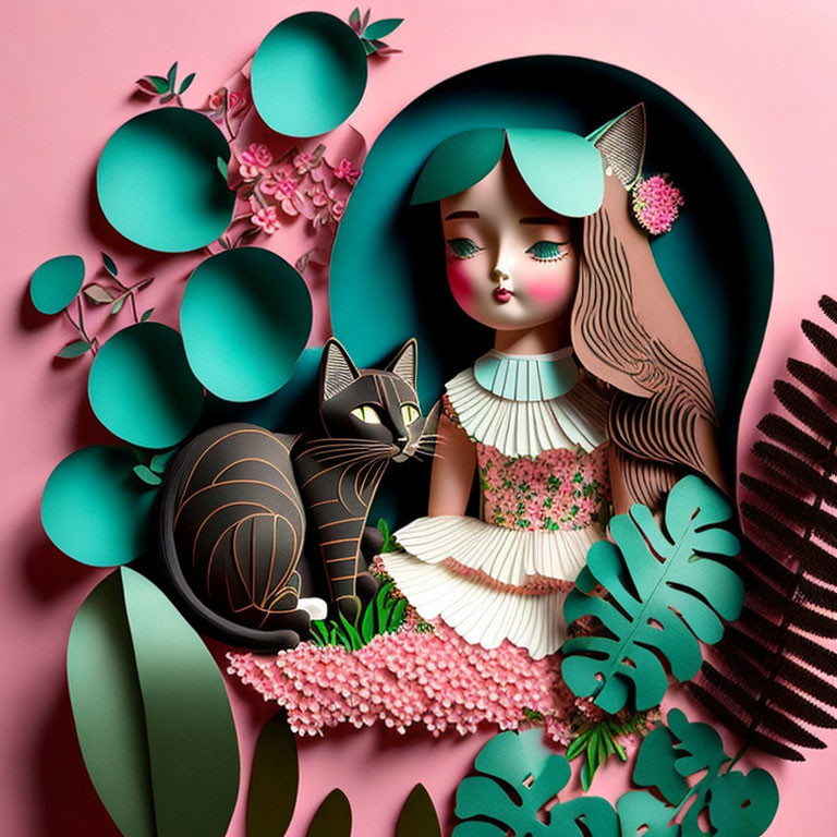 Stylized girl and cat surrounded by fantasy green foliage and pink flowers on pastel pink background