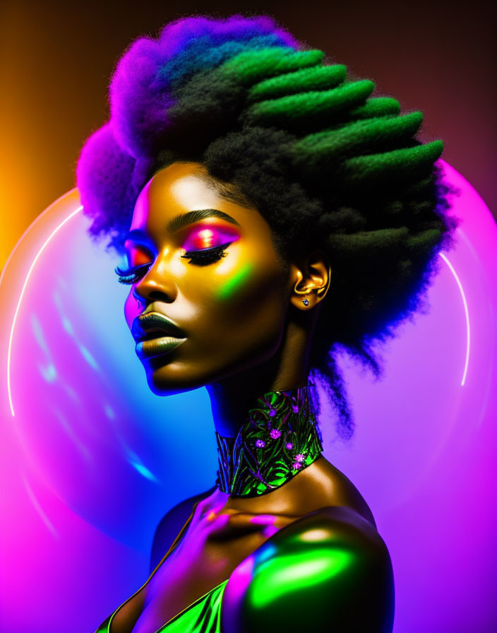 Vibrant makeup and elaborate hairstyle against colorful neon-lit background