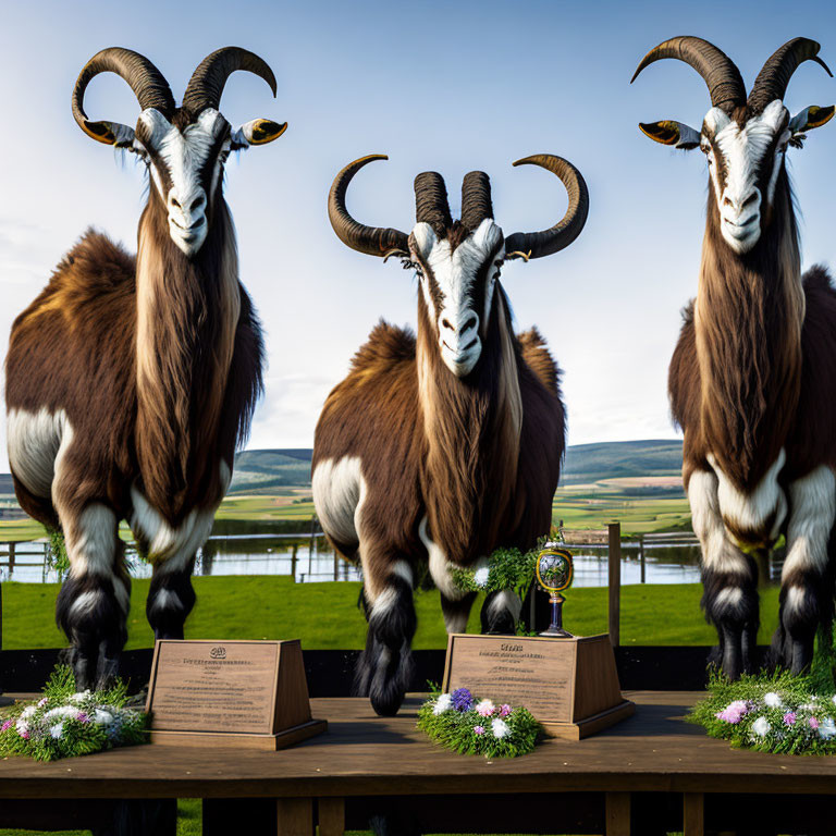 Impressive horned goats on pedestals with awards and trophy