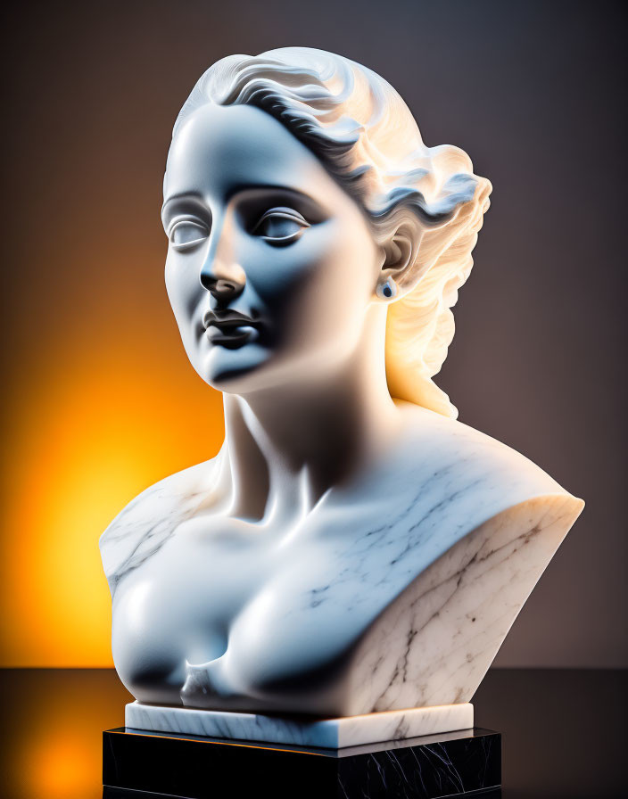 Detailed marble bust of a woman against warm gradient background with dramatic lighting