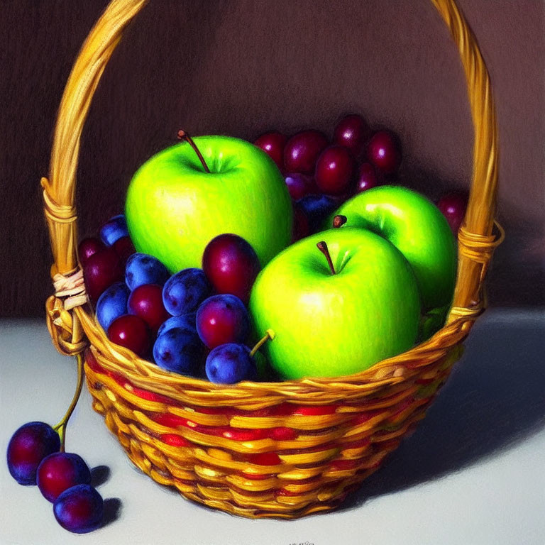 Basket of Green Apples and Purple Grapes Displayed on Surface