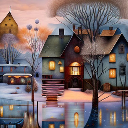 Colorful winter village scene at dusk with glowing windows and frozen lake