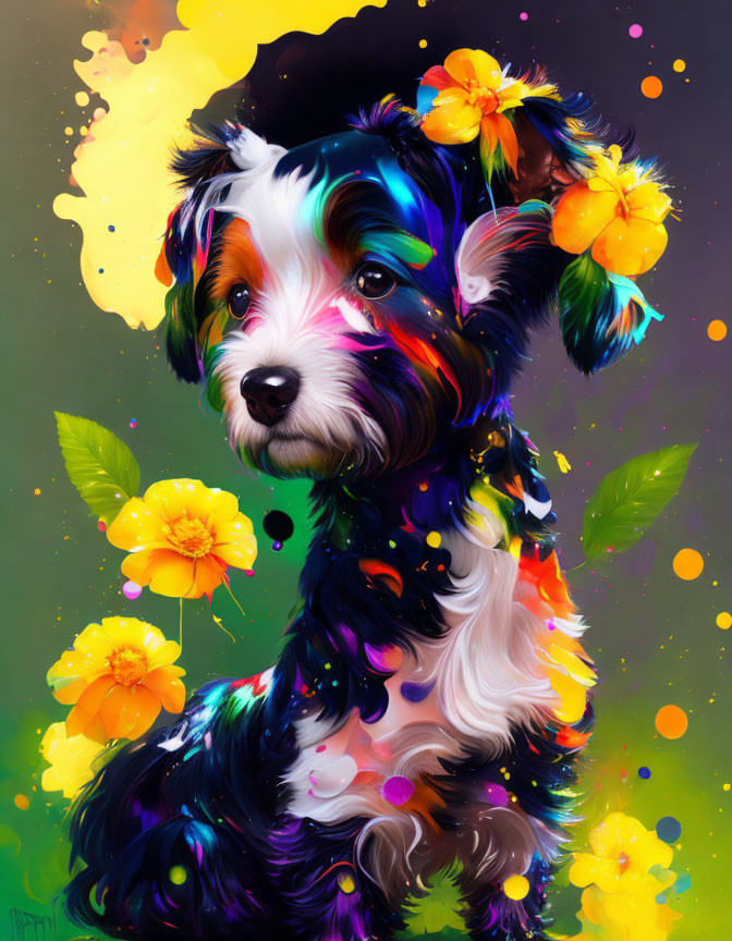 Colorful Whimsical Dog Art with Flower Details