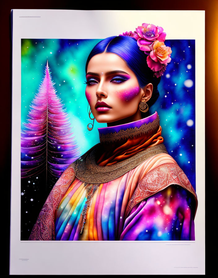 Colorful woman with blue skin in cosmic setting.