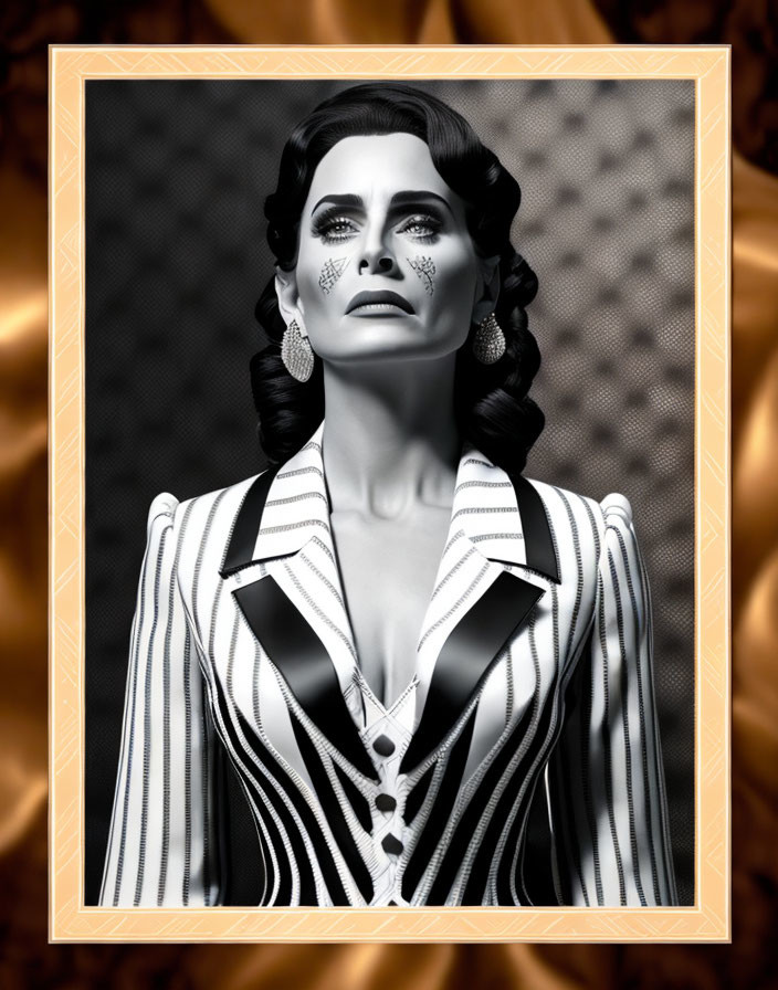 Styled woman with dramatic makeup in striped suit against golden ornate background