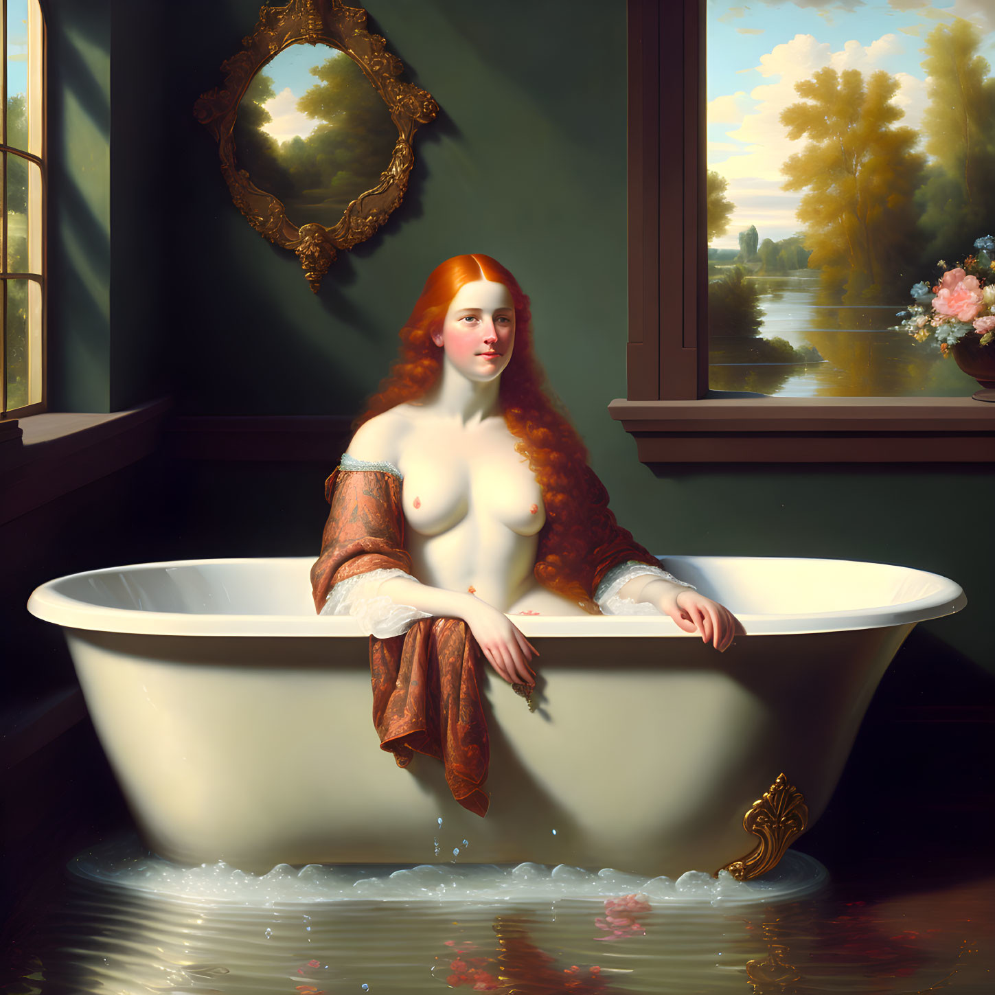 Red-haired woman in white bathtub with outdoor view and petals, reflecting light.