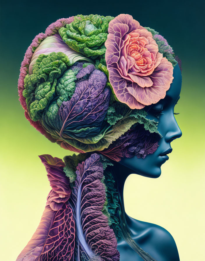 Profile portrait with 3D vegetable brain hemispheres illustration