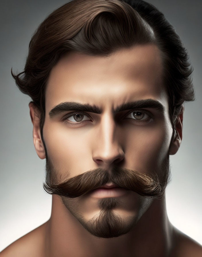 Stylized digital portrait: man with voluminous hair and handlebar mustache