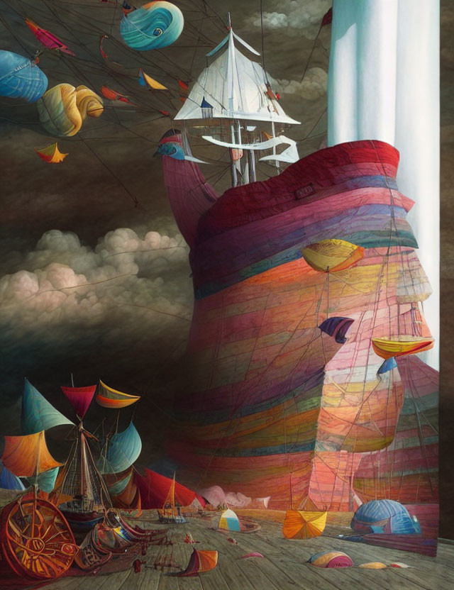 Surreal artwork of ships, lighthouse, umbrellas on colorful landscape