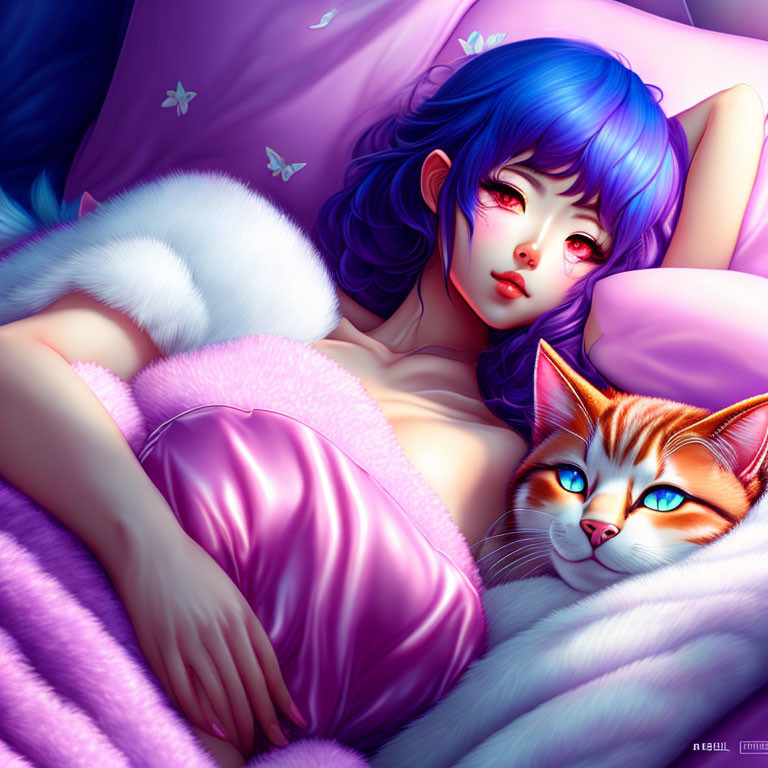 Digital artwork featuring woman with blue hair and cat in cozy setting