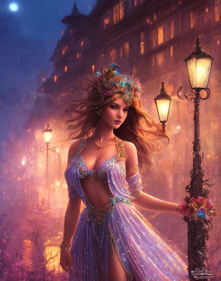 Mystical woman in ornate attire on purple street with diadem