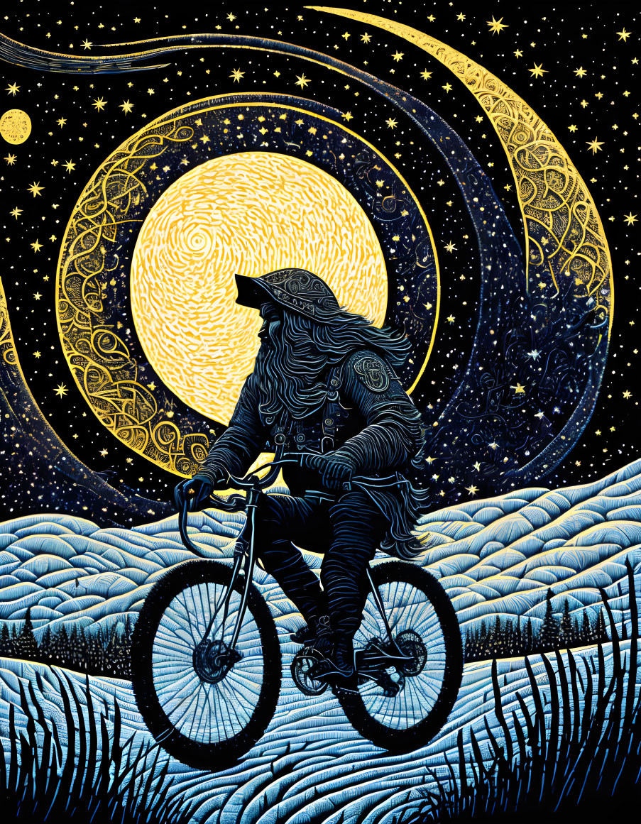 Stylized illustration of bearded figure on bicycle in cosmic setting