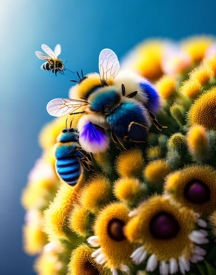 Close-up of iridescent blue bees pollinating yellow and brown flowers