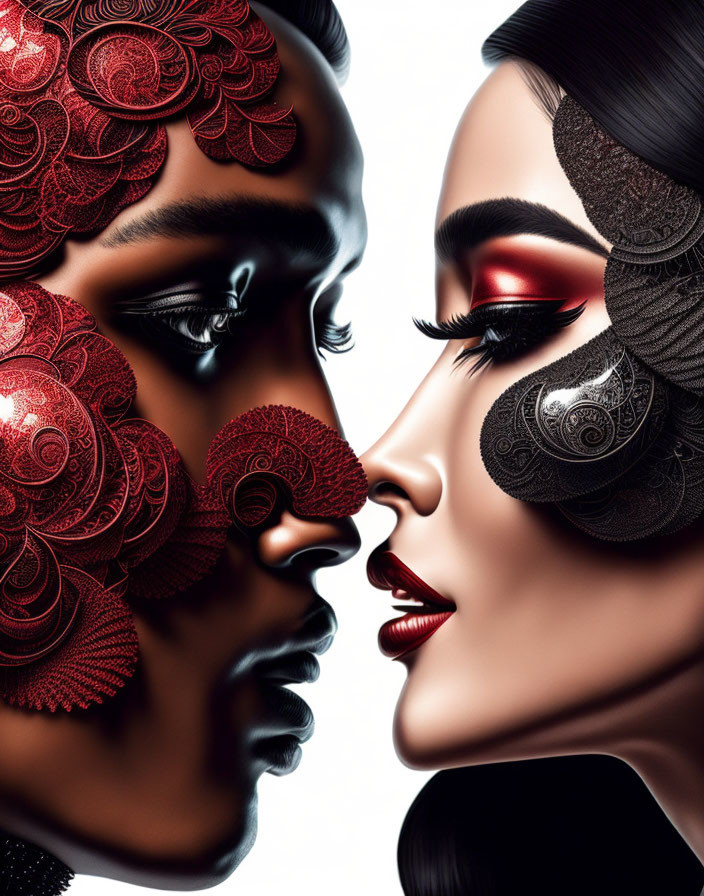 Dual profile faces with red and black intricate patterns and high-contrast makeup