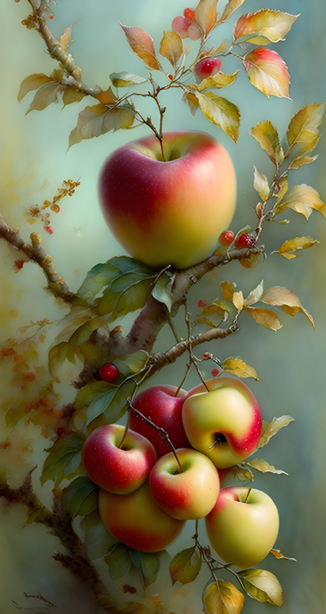 Hyper-realistic digital artwork of branch with apples, leaves, and berries on soft-focus background