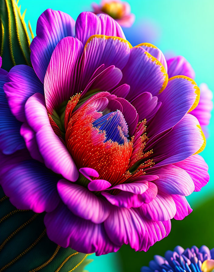 Vibrant Purple Flower with Red and Yellow Center on Turquoise Background