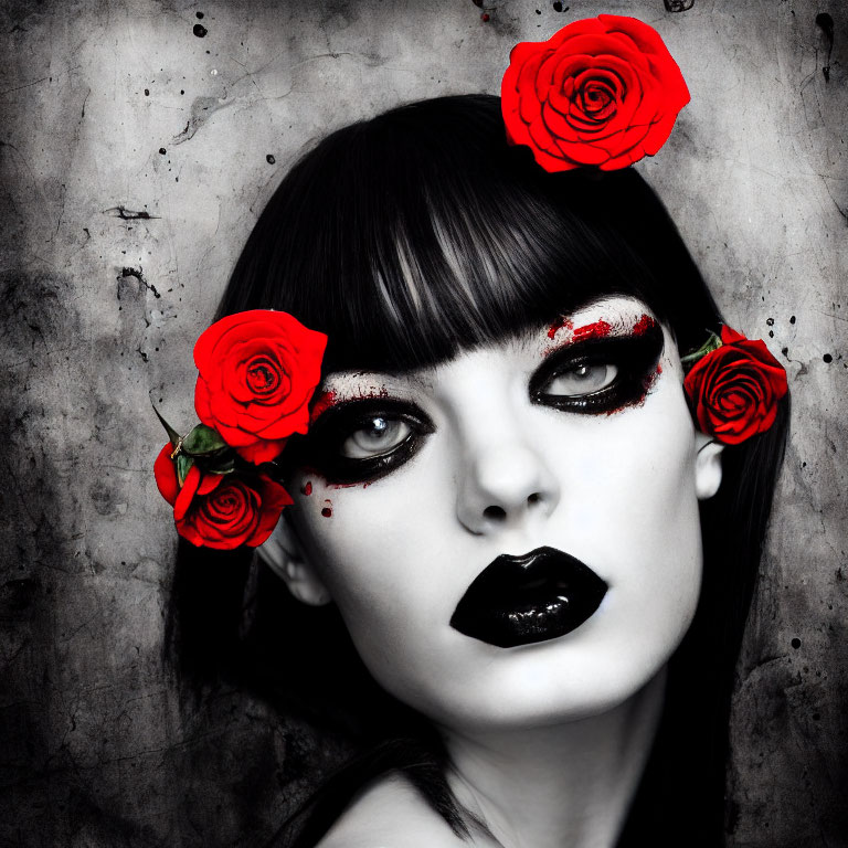 Monochrome portrait of woman with red roses, dramatic makeup, and textured background