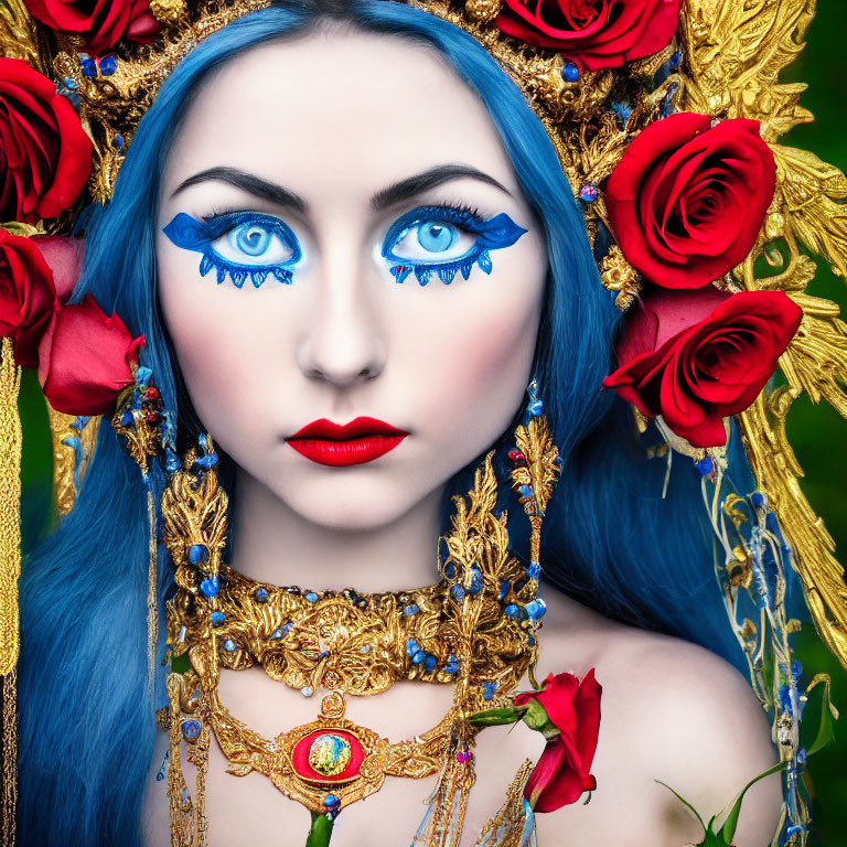 Vibrant Blue Hair and Striking Makeup with Golden Accessories and Red Roses