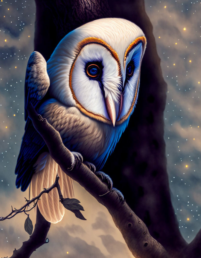 Detailed Illustration: Barn Owl on Tree Branch, Starry Night Sky