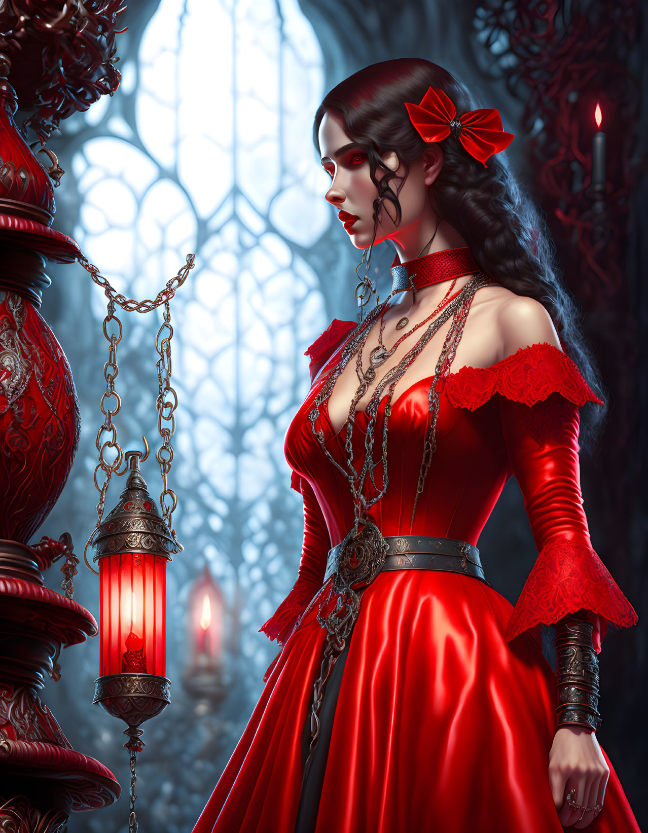 Woman in red gothic dress with lantern in ornate room