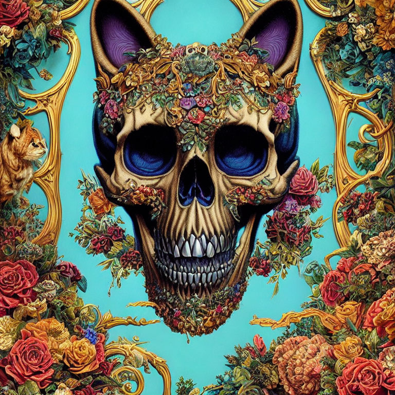 Floral Skull with Golden Accents on Turquoise Background