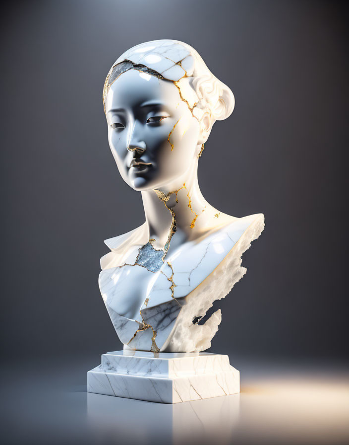 Stylized classical female bust with marble textures and golden cracks on pedestal