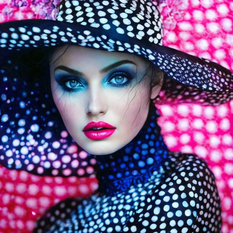 Bold woman with dramatic makeup and polka dot hat against pink backdrop