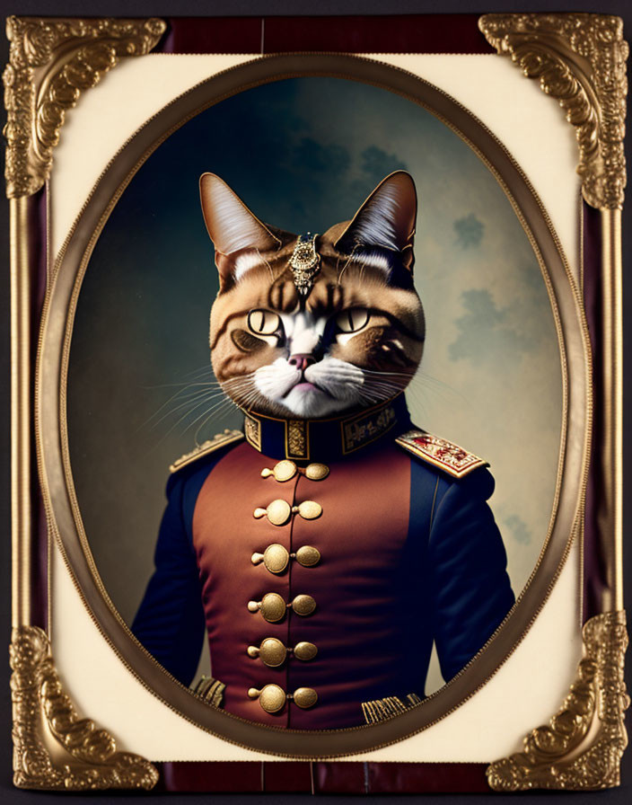 Cat head in regal uniform on ornate gold frame portrait