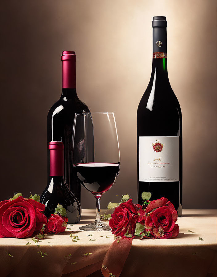 Red wine bottles, glass, and roses on beige background.