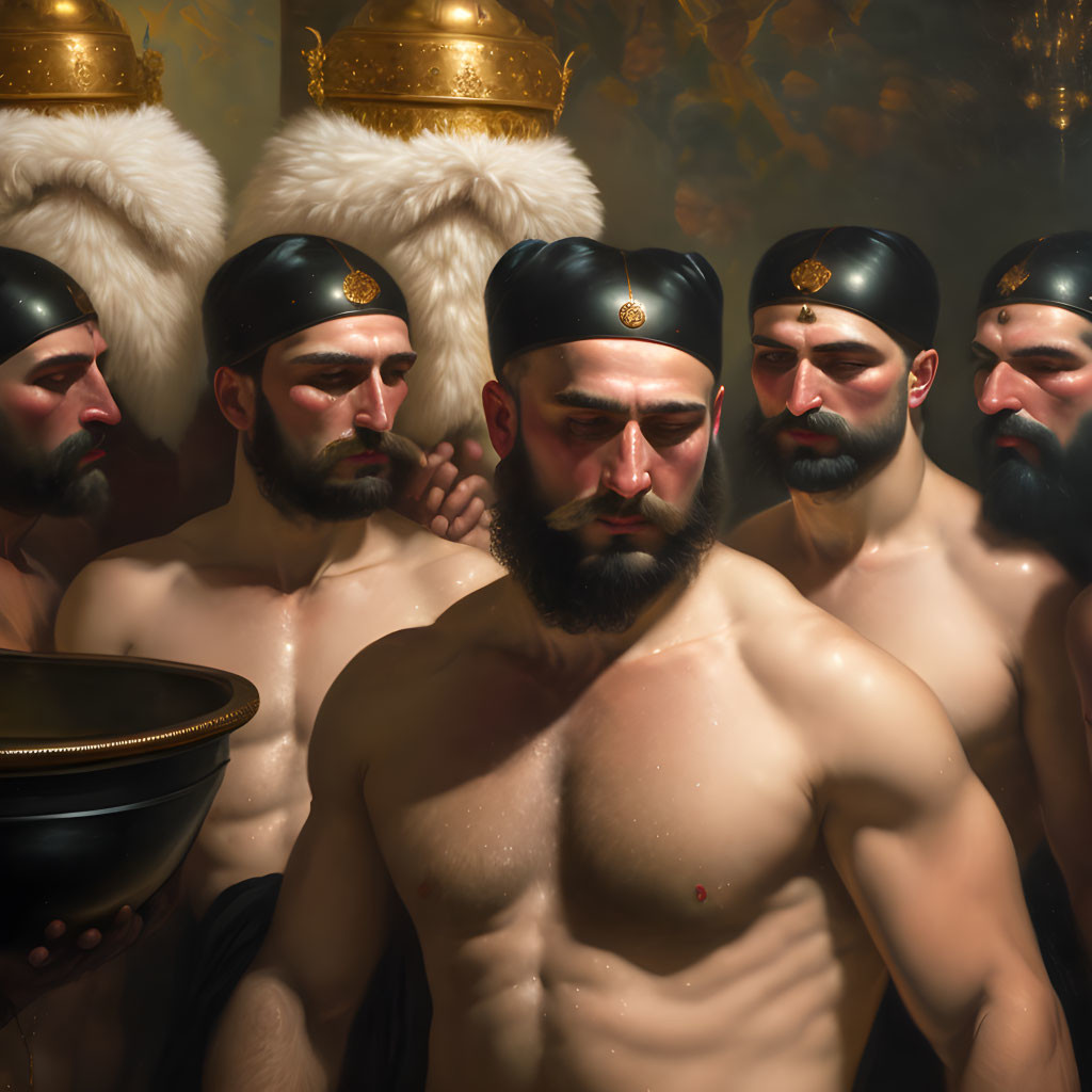 Group of bearded men in fur hats with golden bowl in dimly-lit scene