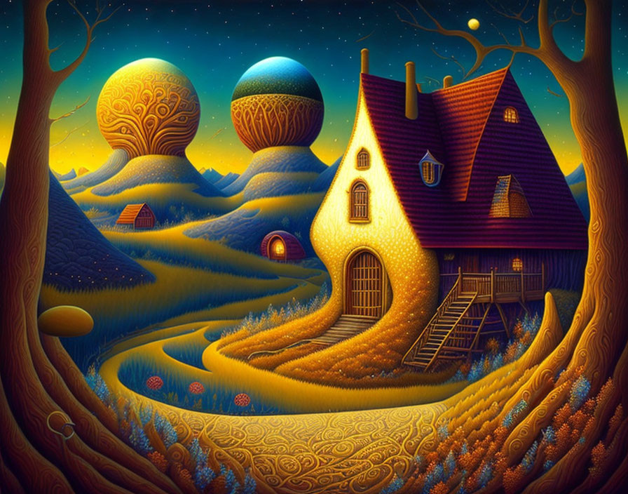 Whimsical night scene with illuminated cottage, stylized trees, hills, and oversized moons