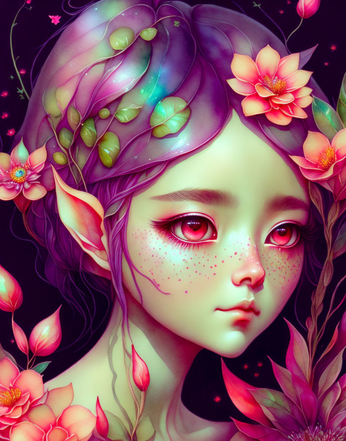 Fantasy character with purple hair and flowers on starry background