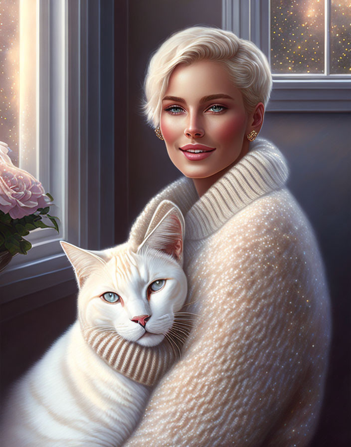 Digital artwork: Smiling woman with blonde hair hugging white cat by starlit window