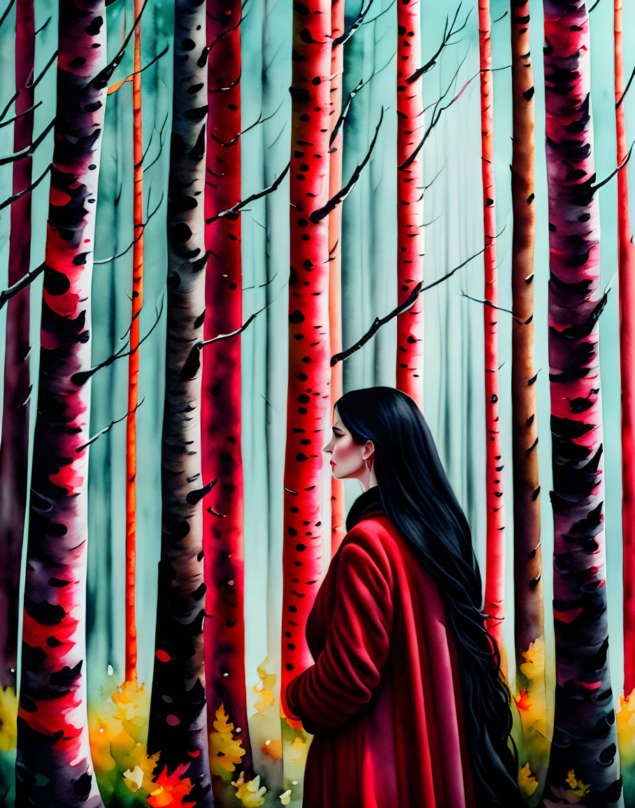 Woman in Red Coat Standing in Surreal Forest with Colorful Trunks